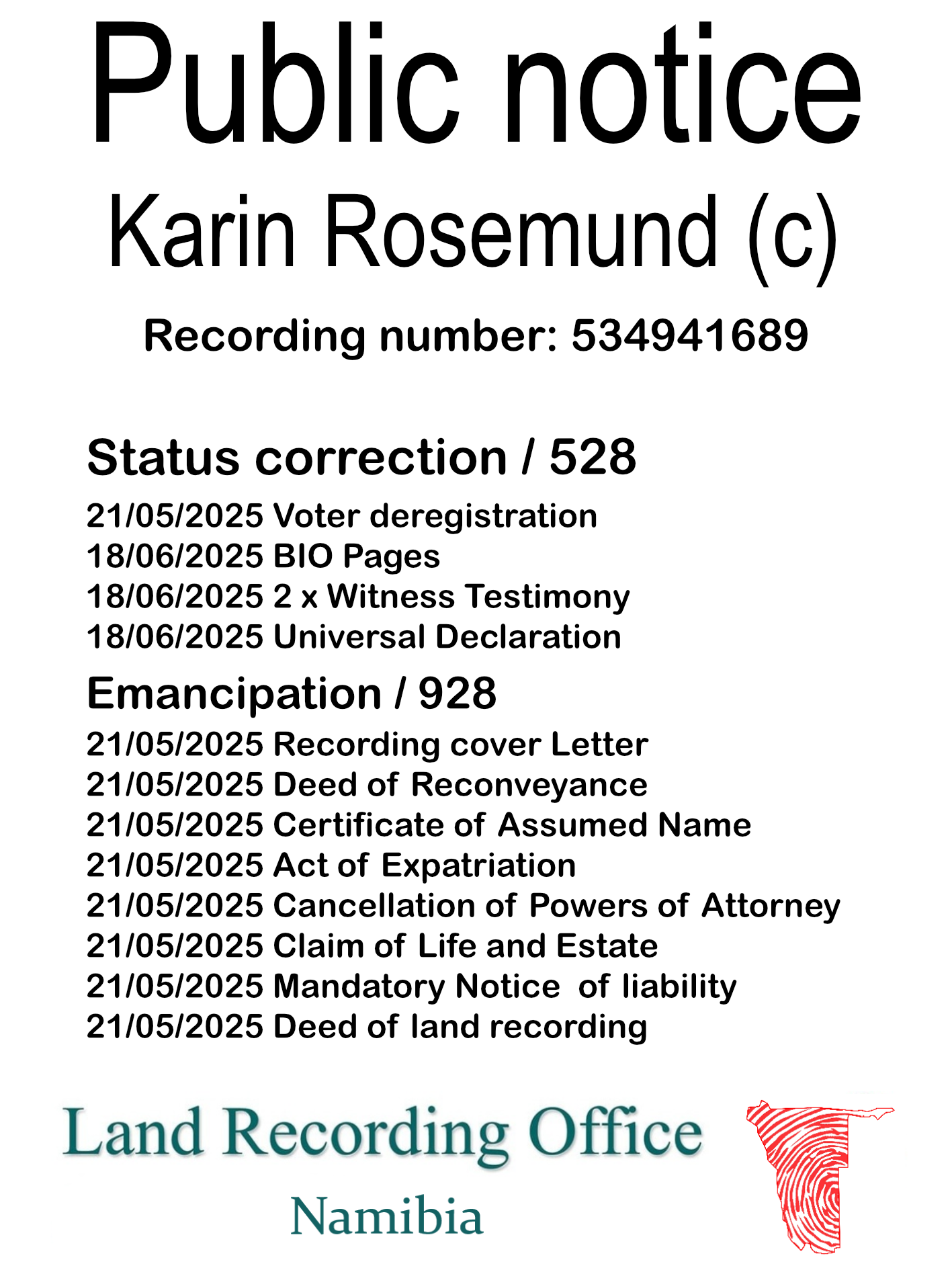 Public notice Karin Rosemund Recording number 534941689